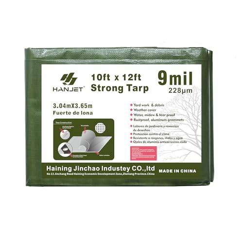 Hanjet Waterproof 10 x 12 Feet Tarp Heavy Duty 9-mil Thick Multi-Purpose Covers Army Green PE Tarpaulin