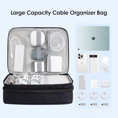 LENTION Cable Electronics Organizer Bag Pouch, Travel Accessories Carry Case Waterproof Double Layers All-in-One Storage Bag Carrying for Cord, Charger, Power Bank, Earphone Black - Thumbnail 2