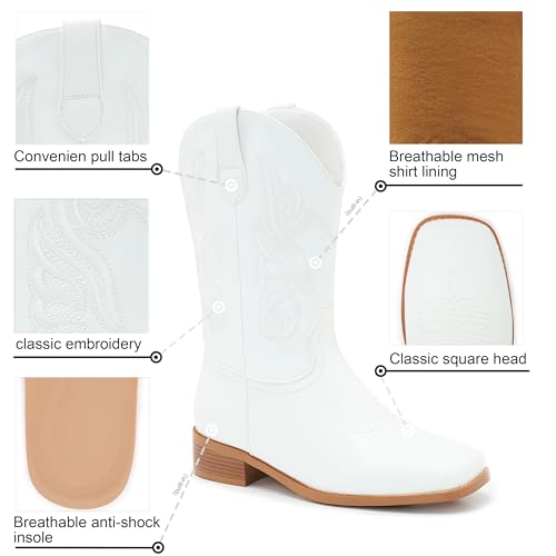 Image of Cowgirl Boots Square Toe Cowboy Boots For Women Ladies Mid Calf Low Heel Flat