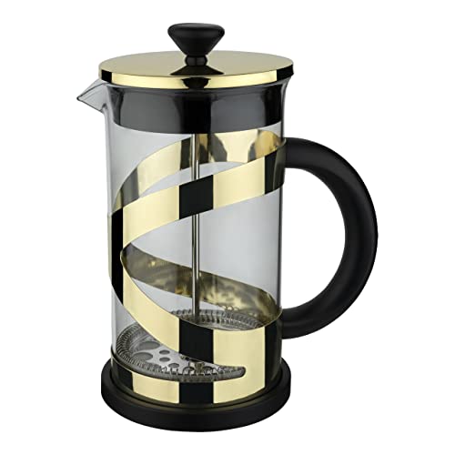Café Olé Classico Oro Cafetera, 350 ml / 1 taza / 3 tazas de espresso, cafetera francesa, filtro de malla de acero inoxidable, cuerpo de vidrio, acabado dorado