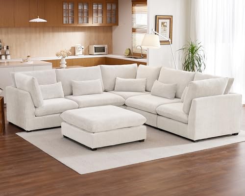 Oversized Modular Sofa, Extra Deep Cloud Chenille Sectional Couch with Ottoman Chaise, Fluffy Chenille Corner V Shape Sofa for Living Room, Villa (Corner V Shape+Ottoman, Chenille White)