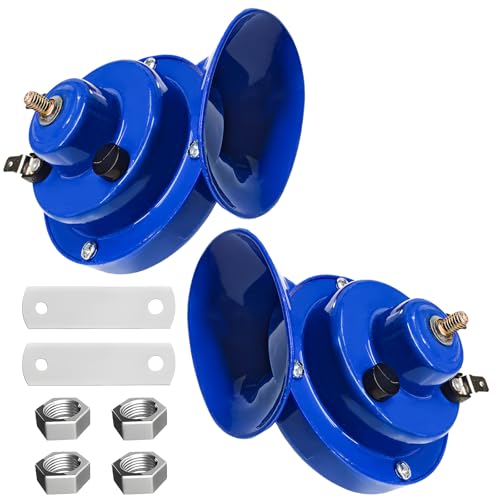 Pxobiug 2 PCS Super Loud Car Snail Horn, 12V High Low Tone Vehicle Electric Snail Horn Replacement, Waterproof Air Horns Exterior Accessories for Car Truck Motorcycle Boat Scooter (Blue)