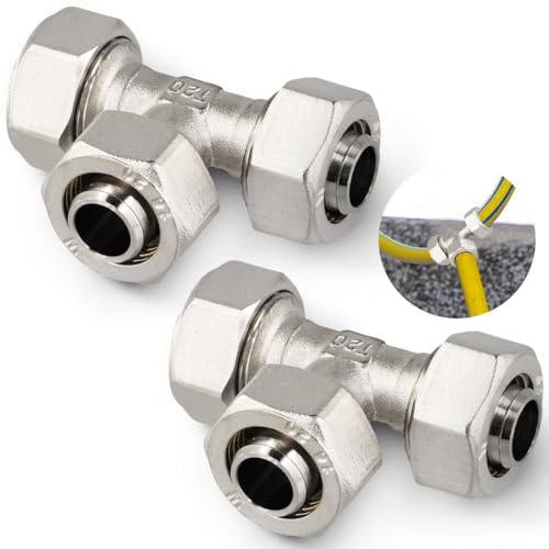 Set of 2 Copper 3/4 Tee Connectors, and Threaded Plumbing Fittings for Tubing Systems