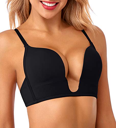 Hansca Women's Deep Plunge Bra Cleavage Enhancer Low Cut Wireless Bra Padded Push Up (Black, 38C) #TOP2
