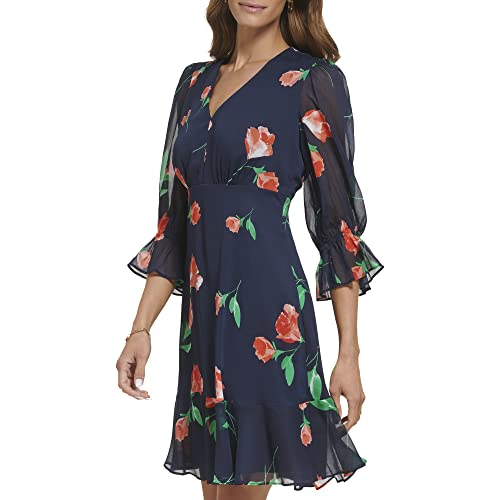 Image of DKNY Women's V-Neck Balloon Sleeve with Ruffle Hem