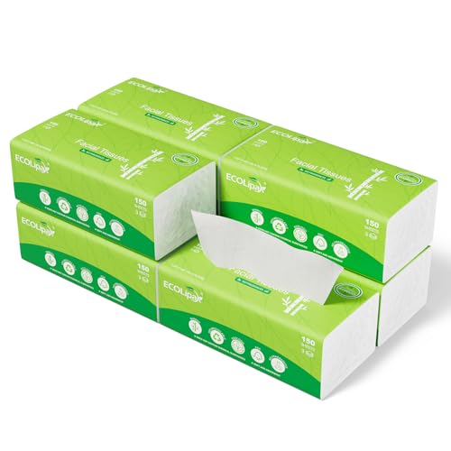 ECOLipak Bamboo Facial Tissues Soft Pack 8 Packs 1200 Sheets Total 3-Ply Ultra Soft & Strong Hypoallergenic Travel Size for Car Home Office