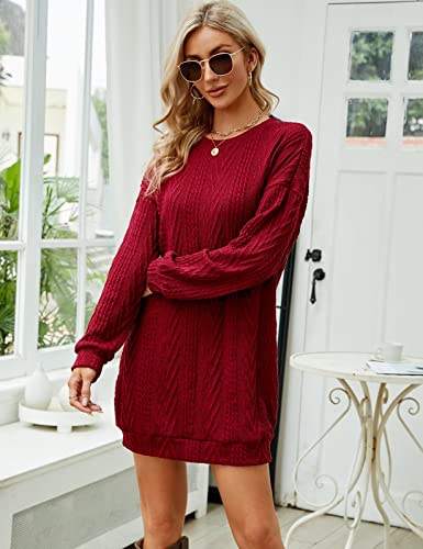 Vimpunec Women Crewneck Cable Knit Sweater Dress Long Sleeve Oversized Casual Pullover Dress Burgundy #TOP2