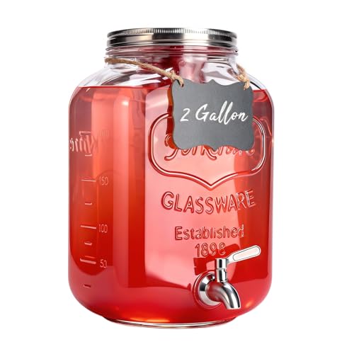 2 Gallon Glass Drink Dispenser For Parties,Beverage Dispenser,Lemonade Dispenser With 304 Stainless Steel Spigot Leakproof For Sun Tea, Picnic,Homemade Juice