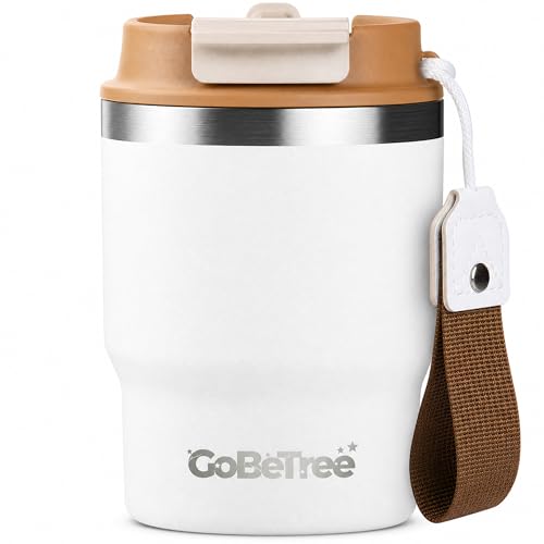 GoBeTree Vaso Térmico Café 360 ml (12 oz) Acero Inoxidable WHITE. tumbler termo y taza térmica con tapa antifugas, pajita interior y correa removible para oficina, gimnasio y coche