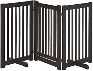 PawHut Freestanding Dog Gate Wood Doorway Safety Pet Barrier Fence Foldable w/ Latch Support Feet Deep Brown, 155 x 76 cm