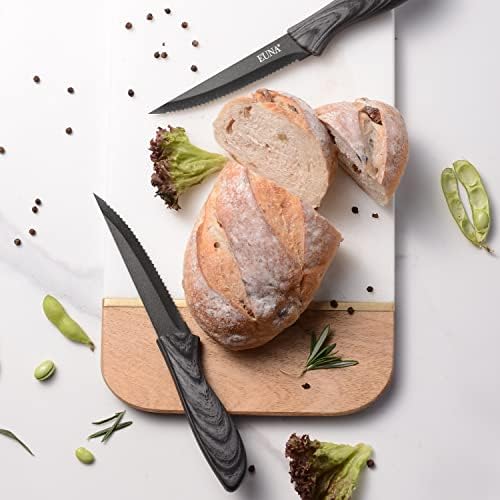 EUNA Steak Knives Set of 4 -Razor Sharp, Steak Serrated Dinner Knives, Steak Knife Set with Gift Box, PP Ergonomic Handle of GreyTexture, Non-Stick Coating, Easy to Wash & Scratch-Resistant