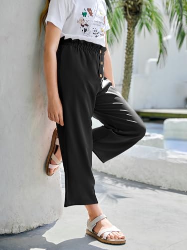 Haloumoning Weite Hose Mädchen Hohe Taille Elastische Paperbag Freizeithose Kinder Einfarbige Lange Hose mit Taschen Schwarz, 13-14 Jahre