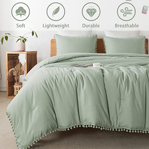 Litanika Sage Green Pom Pom Fringe Comforter Full(79X90 Inch), 3 Pieces(1 Boho Comforter And 2 Pillowcases) Aesthetic And Lightweight Microfiber Down Alternative Bedding Set #TOP1