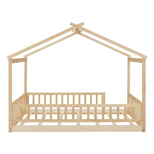 image for Merax Full Size Wooden House Bed with Fence, Wood Bed Frame with Roof 