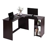 FurnitureR Home Office L-Shaped Computer Desk with Storage Shelves, 47" and 39" Corner Desk Space-Saving Writing Table Gaming PC Workstation (Dark Brown)