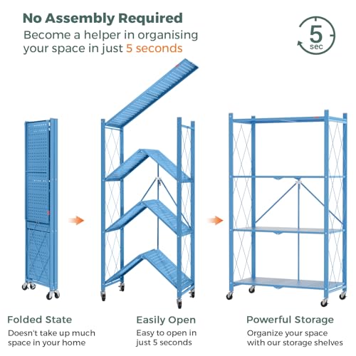 Image of DEANIC 4 Tier Foldable Storage Shelves with Wheels, Large Capacity Shelving Unit, Freestanding Metal Wire Shelf Rack, No Assembly Organizer Rack for Garage Kitchen, Basement(Blue)