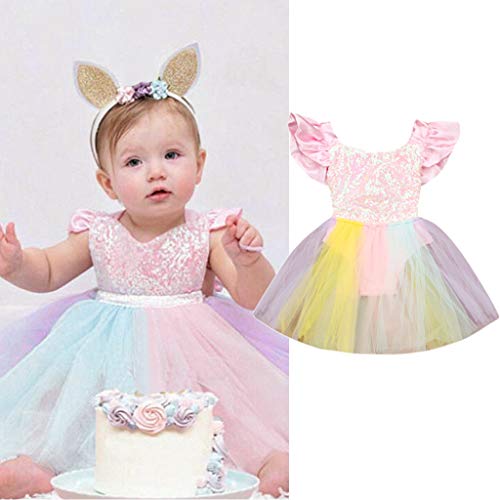 Com vestido de renda sem mangas infantil macacão de lantejoulas arco-íris princesa vestido de bebê c