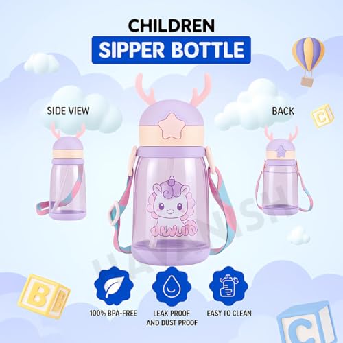 Image of Antlers Water Bottle for Kids 600ml BPA Free | Soft Silicone Sipper Transparent Bottle for Boys & Girls | Reusable Leak Proof with Strap for School, Sports, Travel & Outdoor Use - Pack of 2(Purple)