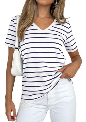 PRETTYGARDEN Short Sleeve Shirts for Women 2026 Spring V Neck Cute Tops Casual Striped Shirt Knitted Tees Summer Outfits (Striped White Navy,X-Large)