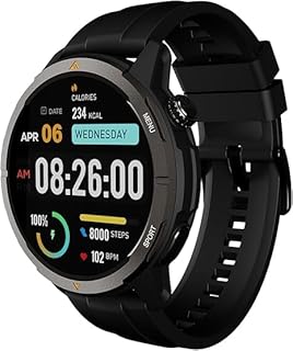 ساعة ذكية ادوماكس من ايه جي ام بتصميم عسكري متين للأماكن الخارجية وتحديد المواقع وشاشة أموليد بتصنيف IP68 والمكالمات وتتبع اللياقة البدنية والبوصلة والطقس والموسيقى، متوافقة مع IOS وأندرويد (أسود)