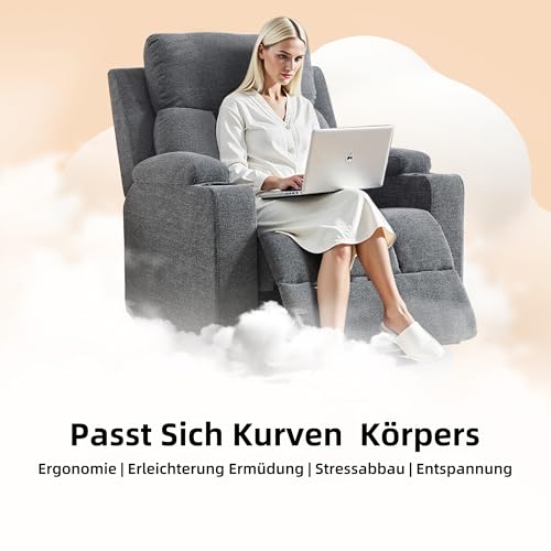 Simore Manueller Relaxsessel mit Liegefunktion und Getränkehalter, Fernsehsessel mit Fußstütze und weicher Kopfstütze, bis 150 kg Belastbar, TV-Sessel für Wohnzimmer, Grau, 2 Stück – Bild 7