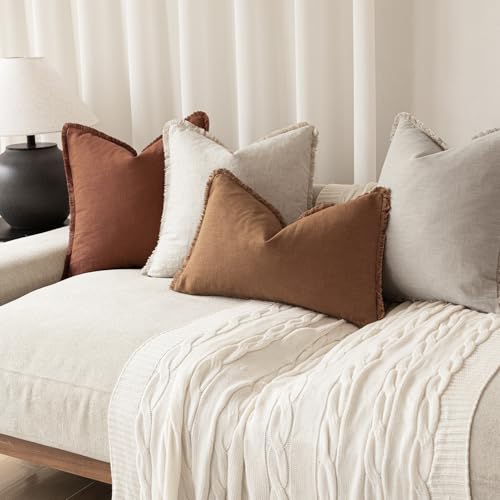 Image of Foindtower Decorative Linen Fringe Throw Pillow Covers Cozy Boho Farmhouse Cushion Cover with Tassels Soft Accent Pillowcase for Chair Sofa Bed Living Room Home Decor, 22x22 Inch, 1PC,Orange Brown