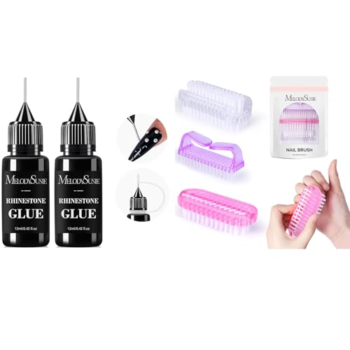 MelodySusie 2Pcs Nail Rhinestone Glue with All in One Nail Brush Set