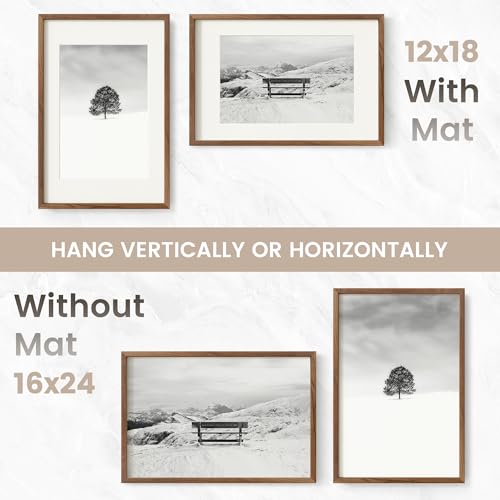Image of 16x24 Poster Frame, USA-Sourced Natural Walnut Wood Picture Collage Frame with HD Tempered Glass, Modern Simple 16 x 24 Wooden Photo Frame Matted to 12x18, Vertical & Horizontal Wall Hanging Display