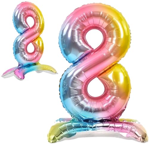 Globo 8° Cumpleaños Número 8 Pastel Multicolor de Pie Gigante, Globo XXL de 82cm. Decoración Cumpleaños. Aire.