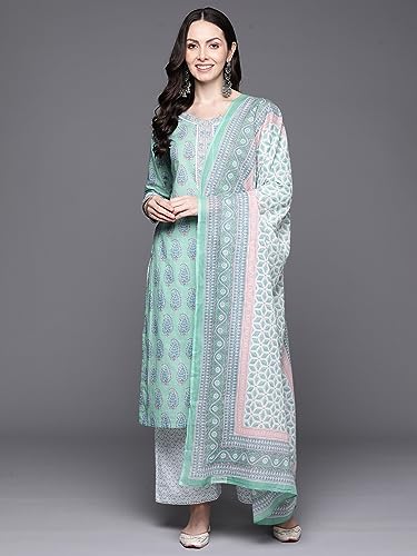 Image of INDO ERA Women's Sea Green Printed Pure Cotton Kurta with Pant & Dupatta Set