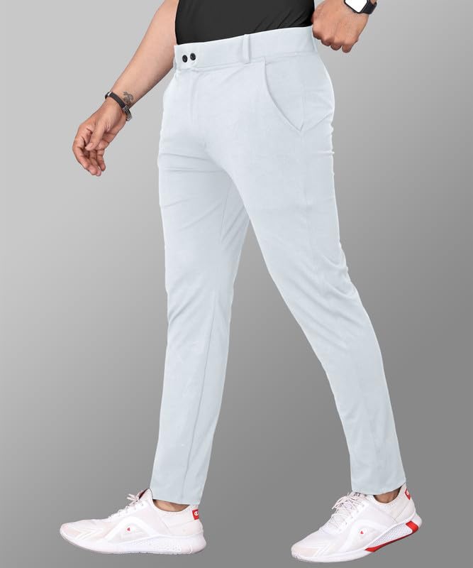 Image of MiraMichi Men's Slim Fit Stretchable Casual Mid Rise Trousers | Stylish Lycra Blend Pants for Office, Party
