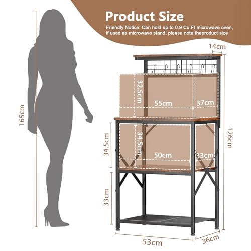 Yanara Bakers Rack with LED Light, Small Microwave Stand with 4 Tier Shelves, Coffee Bar Station Table with 6 S Hooks, Kitchen Storage Rack for Spices, Pots, Rustic Brown