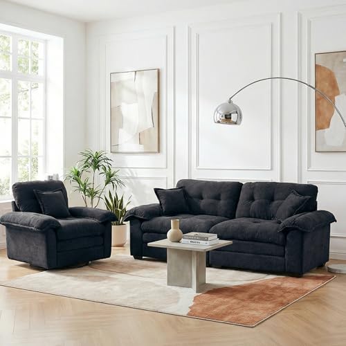 Koaris Ensemble Canapé 2+1 Places Style Moderne | Canapé et Rotation à 360° Fauteuil en Tissu Chenille Noir | Idéal pour Salon, Séjour ou Bureau