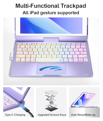 Image of Baisla iPad 9th Generation Case with Keyboard 10.2 inch (2021), 360 Rotatable with Trackpad & Rainbow Backlit, iPad Keyboard case for 9th /8th /7th, iPad Air 3, iPad Pro 10.5 (Metallic Purple)