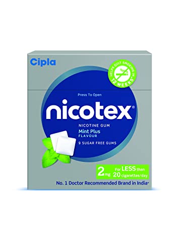 Cipla Nicotex Nicotine Sugar Free Mint Plus Gums 2mg | Helps to Quit Smoking | WHO – approved Therapy | 9 Gums each pack | Pack of 10