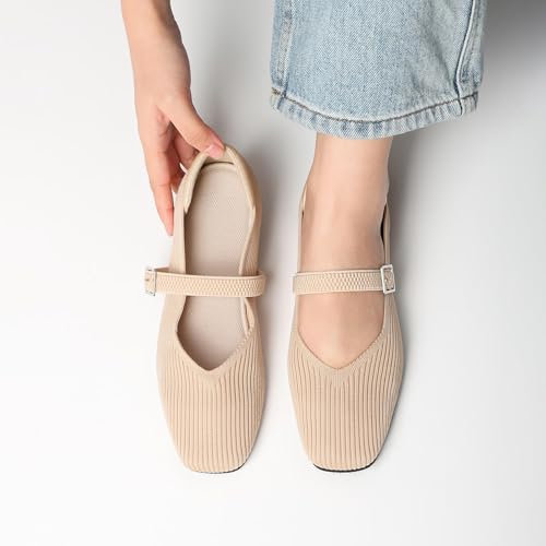 Image of CELNEPHO Flats for Women Mary Jane Shoes Casual Ballet Knit Flats Square Toe with Ankle Strap Dressy Comfortable Office Shoes