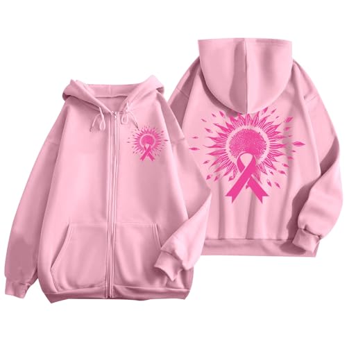 Sweat Octobre Rose zippé femme avec cordon et grande poche pratique pour soutien cancer du sein