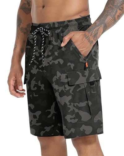 Men's Cargo Shorts Quick Dry Lightweight Stretch Hiking Shorts for Men with 5 Pockets No Lining Black Camo