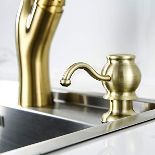 Random Brushed Gold Solid Brass Soap Dispenser For Kitchen Sink, Refill From The Top, Built In Design For Countertop With Large Liquid Soap Bottle. (Brushed Gold) #TOP7
