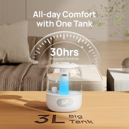 Image of DREO Humidifiers for Bedroom, Cool Mist Ultrasonic Humidifier with 26dB Quiet & RGB Lighting, Top Fill 3L Tank, Easy Clean, 30 Hr Runtime for Home, Baby, Plant, Nursery, Work with Google /Alexa