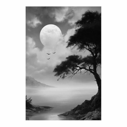 Peinture sur toile noir et blanc lac brumeux 80x120cm sans cadre HOQIU