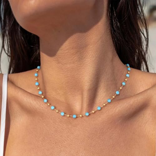 Turquoise Jewelry for Women - 14K Gold Plated Turquoise Necklace for Women Colorful Beaded Necklaces Summer Beach Boho Choker Bead Gift2