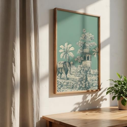 Image of SAF Vintage Teal Elephant Palace Wall Art with Wooden Frame | Botanical Heritage HD UV Laminated Print on MDF | Elegant Jungle Decor for Living Room Bedroom Office 13.5 x 19.5 Inch