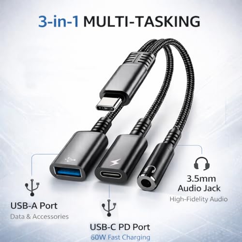 Image of Mizi 3-in-1 USB C to Headphone Jack and Charger Adapter, 60W PD Fast Charging & USB A Hub, Compatible with iPhone 15 /16 /17 Pro /Max, Samsung Galaxy, iPad Pro, MacBook, Pixel - Black