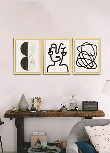 ArtbyHannah 3 Pack 12x16 Inch Modern Framed Wall Art Minimalist Line with Decorative Poster Art Prints Picture Frame Set for Home Decoration, Natural Wood