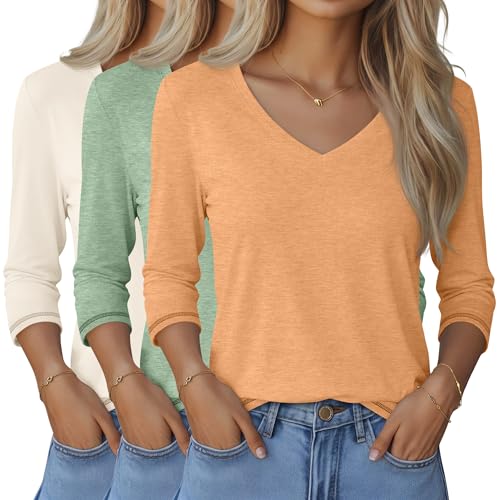 Ficerd 3 Pack Women's 3/4 Length Sleeve T Shirts, V Neck Tops Casual Blouses Loose Fit Tees 2025 Fashion Clothes