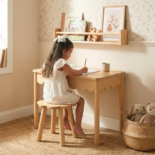 CAALMA Kids Table and Chair Set (Ages 3–7), Solid Wood with Lift-Top Hidden Storage - Montessori Table and Chair Set with Scalloped Design, Easy-Clean Surface & Gold Hardware