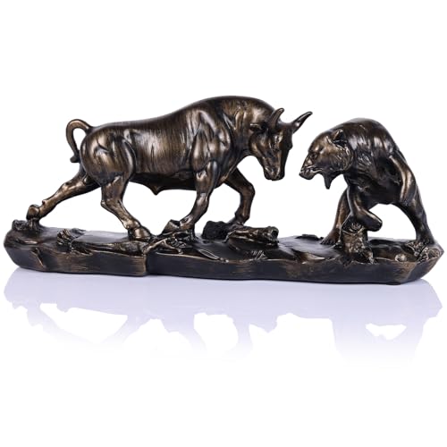 oliruim Wall Street Bull Statue Bull Market and Bear Market Statue Stock Market Sculpture for Office Desktop Bookshelf Living Room Study Home Decor Financial Advisor Gift (Brown)