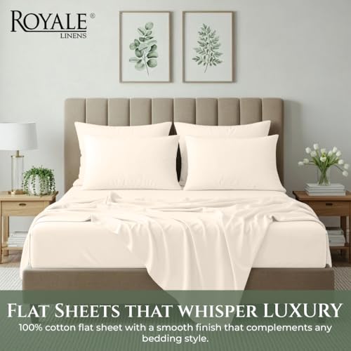 Image of Royale Linens 100% Organic Cotton Full Size Flat Sheet Only - Percale Top Sheets - Full Flat Sheet Sold Separately - Lightweight & Super Soft 100% Cotton Cream Bed Sheets Only (81 inch x 96 inch, Cream)