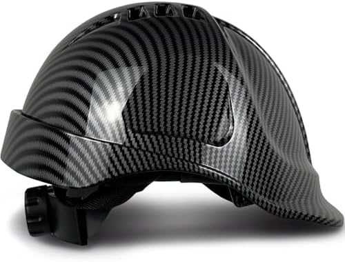 Hard Hat Construction Work Caps OSHA Approved Safety Helmet Industrial Carbon Fiber Pattern HardHats 6 Point Adjustable Suspension ANSI & AS/NZS& CE (Bright Black Hard Hat)